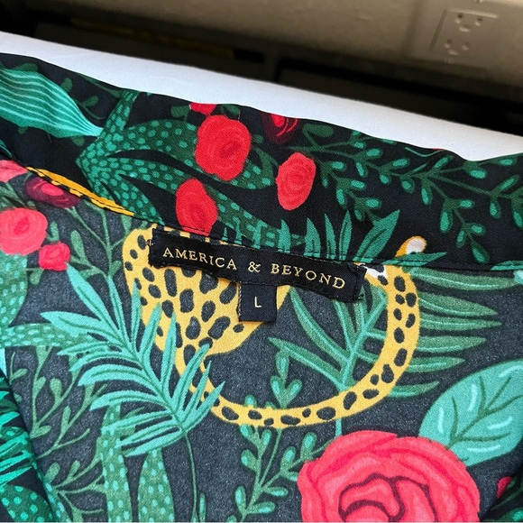 AMERICA & BEYOND black green tropical jungle animal leopard floral wide leg - Picture 6 of 7